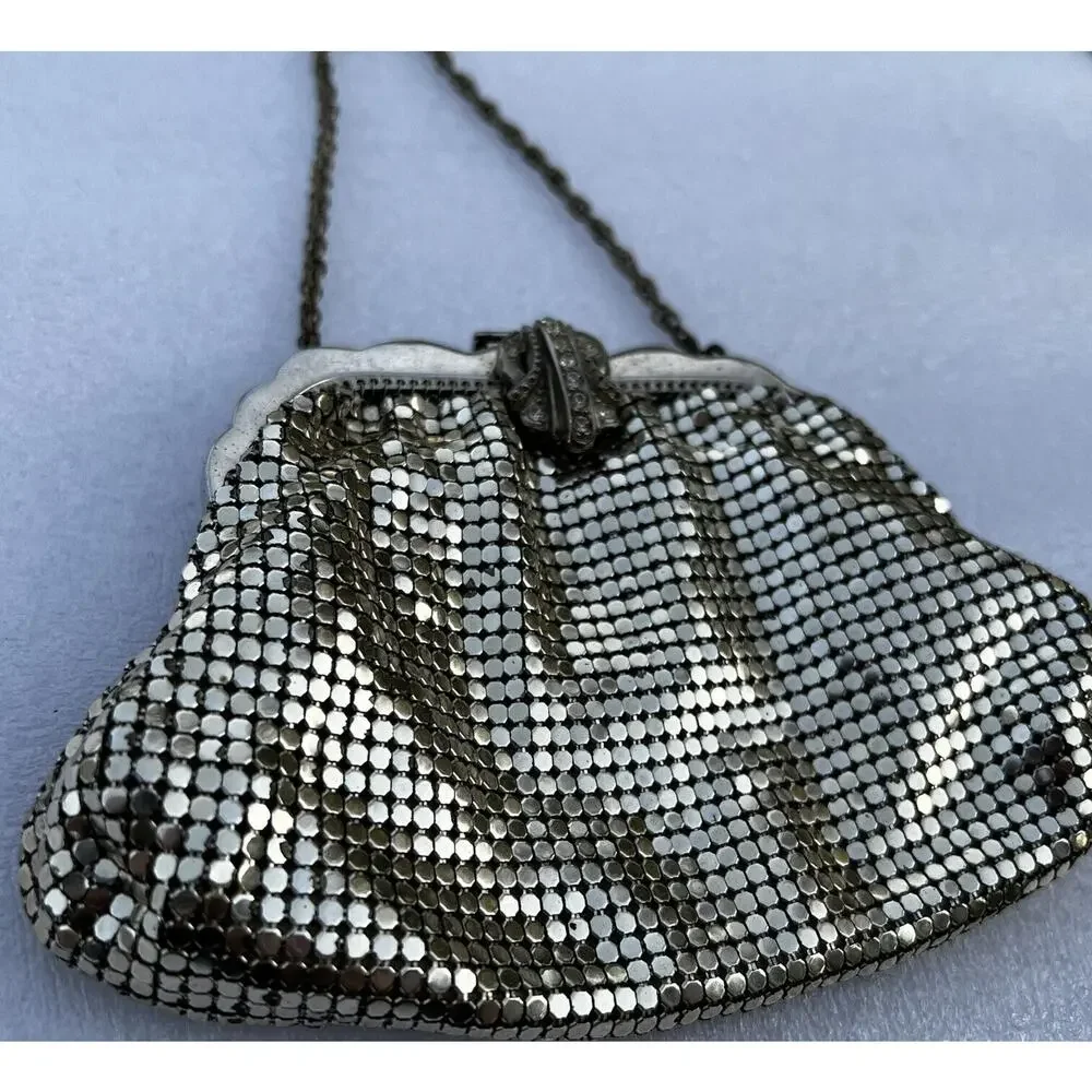 Vintage Mesh Whiting & Davis Co Silver Hand Bag Purse with Rhinestone Closure - Picture 2 of 11